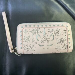 Elegant Pink Wristlet with Unicorn and Floral Eyelet Design